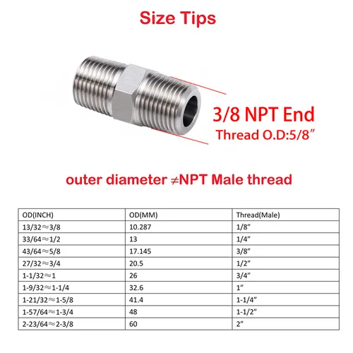 Miniatura 2 de 3/8" macho a 3/8" macho NPT hexagonal 304 acero inoxidable roscado accesorios de tubería (paquete de 5)