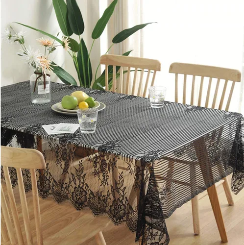 Miniatura 2 de Bringsine Mantel de encaje rústico ultrafino y ligero, color negro nórdico, perfecto para Halloween, cenas y noches de cine de miedo con flores
