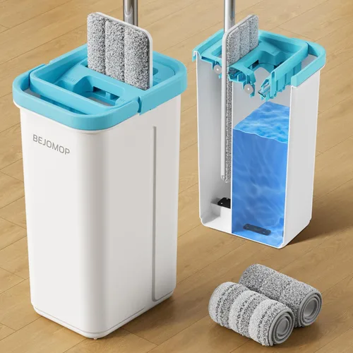 Juego de trapeador y cubo, mopas para limpieza de suelos turquesa-cian, trapeador de pared con mango largo, sistema de trapeador plano y cubo, mopa