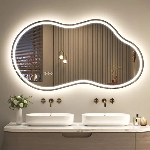 Miniatura 10 de SMIROR Espejo de Baño Retroiluminado Irregular con Luces 20 x 32, Espejo de Tocador con Luz LED Asimétrica en Forma de Nube para Pared