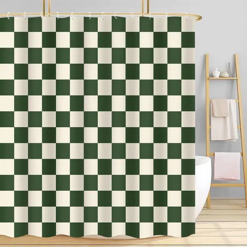 Miniatura 59 de Cortina de ducha a cuadros en blanco y negro, bonita cortina de ducha retro de tablero de ajedrez para decoración de baño, 72 x 72 pulgadas, cortina