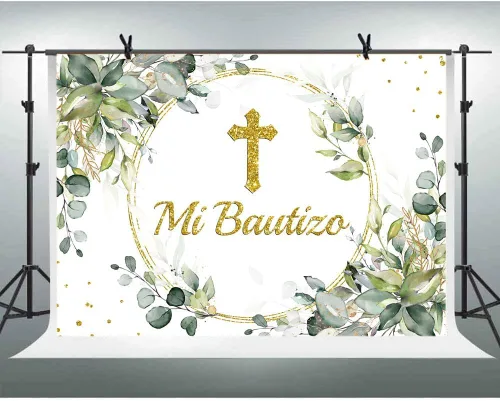 Lofaris Mi Bautizo Telón de fondo de ceremonia de bendición de Dios con hojas verdes, anillo de oro, primera comunión, purpurina dorada, bautismo,