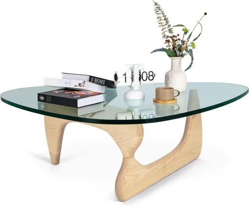 Miniatura 11 de Mesa de café triangular de vidrio moderna, con vidrio transparente vintage y base de madera maciza, mesa auxiliar para sala de estar, oficina, Nogal