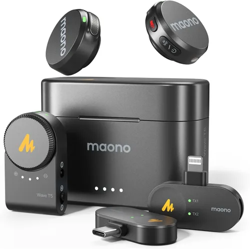 MAONO Micrófono Lavalier inalámbrico para iPhone/Android/cámara/PC, mini micrófono de solapa con 48 khz 24 bits, filtro de voz, cancelación de