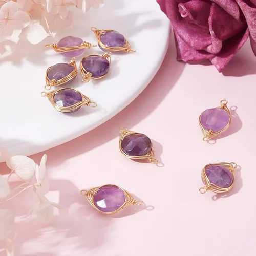 Miniatura 6 de LiQunSweet 10 piezas de eslabones de piedras preciosas de cristal de amatista natural, enlaces envueltos en alambre con alambres de latón dorado