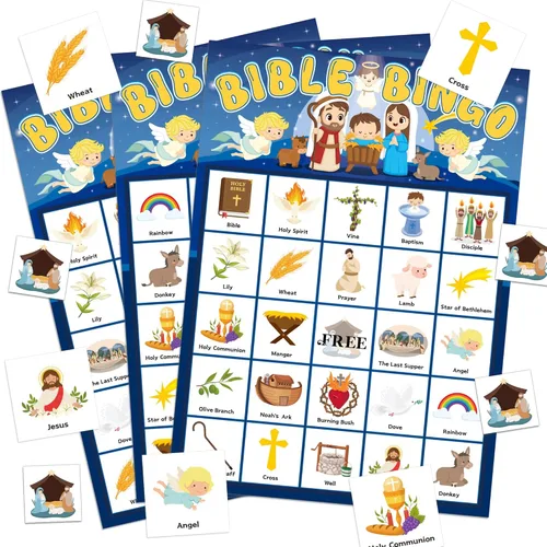 Joy Bang Juegos de Bingo de la Biblia para Niños, Tarjetas de Bingo 24 Jugadores, Manualidades para Escuela Dominical para Niños, Manualidades