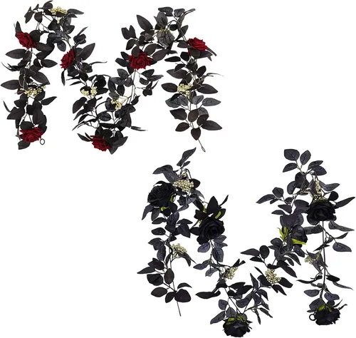 Miniatura 6 de Guirnalda artificial de seda negra de 5.9 pies para Halloween, flores artificiales de seda con hojas, flores decorativas artificiales para colgar