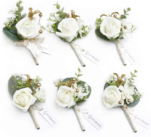 Miniatura 13 de Ling's Moment Boutonniere para Hombres Boda, Juego de 6, Novio y Padrinos Boutonniere para Boda Regreso a Casa Halloween Ceremonia Aniversario, Cena