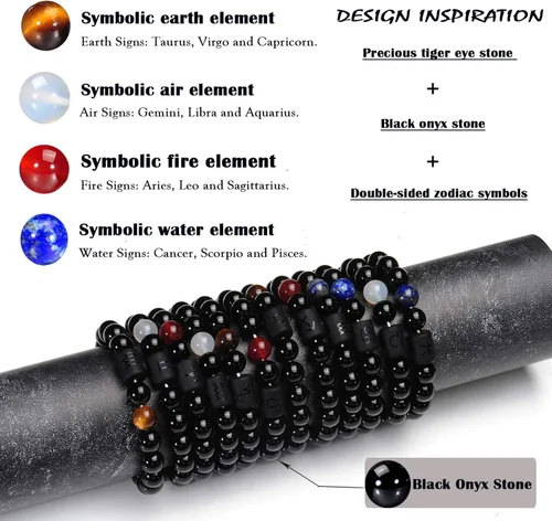 Miniatura 5 de VLINRAS - Pulsera de signo del zodiaco, para hombre y mujer, de 0.315 y 0.394 pulgadas, ónice negro natural, signo de estrella, constelación