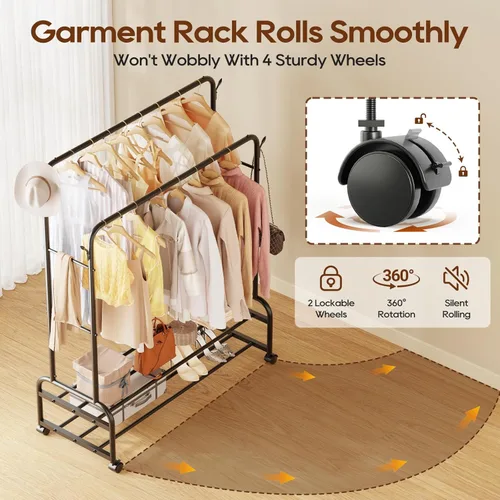 Miniatura 6 de TigerParty Perchero de doble barra para colgar ropa, perchero rodante con ruedas, estantes de ropa independientes con 2 estantes para dormitorio