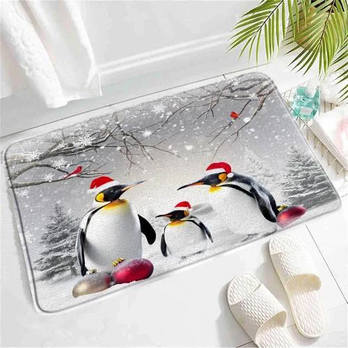Tapete de baño de pingüino de Navidad, diseño de pingüino gris, animales antárticos, pájaros rojos, pino, bolas de Navidad, paisaje de nieve, feliz