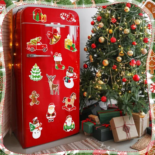 Miniatura 6 de Umigy Juego de 16 imanes de arte de diamantes de Navidad para refrigerador, muñeco de nieve, Papá Noel, ciervo, pintura de diamante, imanes