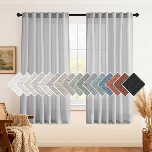 Miniatura 43 de H.VERSAILTEX Cortinas de lino natural de 63 pulgadas de largo para sala de estar, 2 paneles con trabillas traseras y bolsillo, texturizadas