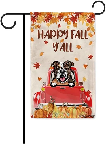 Miniatura 26 de Bandera con texto en inglés «Happy Fall Y'all» con diseño de perro inteligente con calabaza en camión rojo y hojas de arce, pancarta de otoño