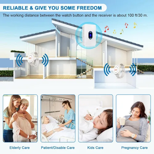 Miniatura 6 de Daytech Botón de llamada del localizador del cuidador para ancianos en el hogar Sistema de alerta de enfermera para pacientes mayores 2 receptor 3