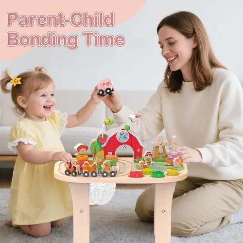 Miniatura 5 de Mesa de actividades de granja de madera para niños de 1, 2, 3 años, juguete de aprendizaje Montessori con laberinto de cuentas, clasificador