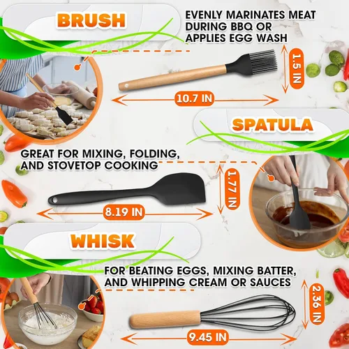 Miniatura 4 de Juego de 14 utensilios de cocina de silicona negra con soporte, utensilios de cocina versátiles con asas de madera resistentes, juego de utensilios