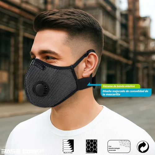 Miniatura 2 de BASE CAMP Máscara de polvo M Plus de plata y negro, con 6 filtros de carbón activado, reutilizable, máscara facial con respirador, máscaras