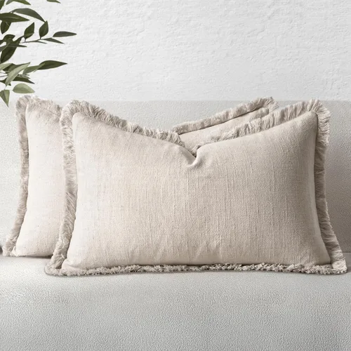 Miniatura 56 de MIULEE Juego de 2 fundas de almohada decorativas de lino neutro con flecos, fundas de cojín de estilo bohemio con borlas para sofá, cama, sala