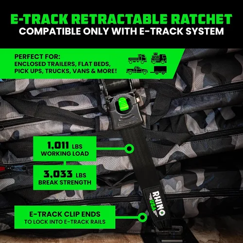 Miniatura 2 de Rhino USA Correas de trinquete retráctiles E-Track de 2 x 10 pies: resistencia máxima a la rotura de 3033 libras Compatible solo con sistemas