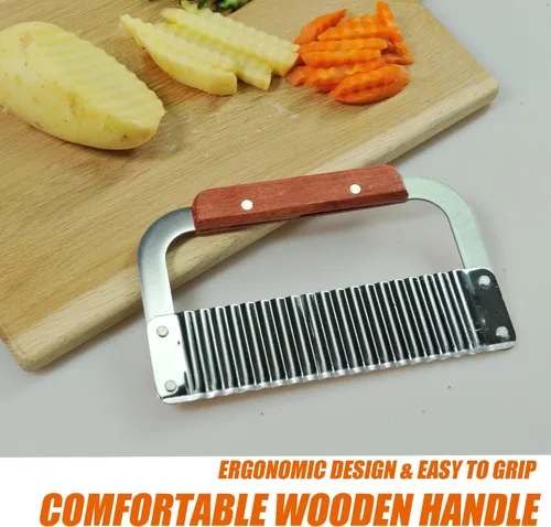 Miniatura 6 de Paquete de 2 cortadores de arrugas para verduras, cuchillo de acero inoxidable ondulado para picar patatas fritas con mango de madera, herramienta