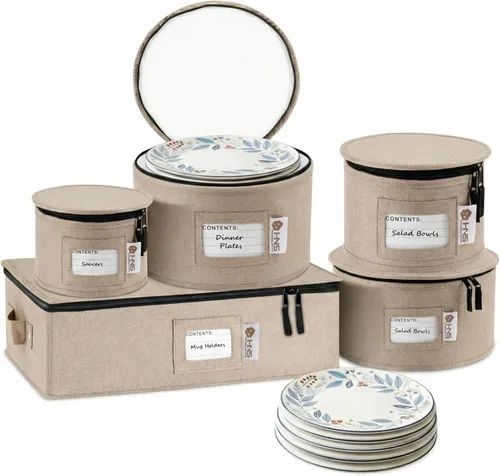 Miniatura 11 de Juego de 5 cajas de almacenamiento de China para vajilla, vasos, platos, tazas y platillos, organizador de platos resistente con divisores