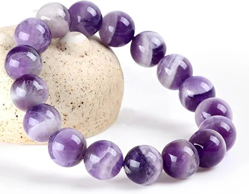 Miniatura 3 de OLARCU Pulsera elástica ajustable unisex con cuentas de cristal de amatista y poder curativo natural de 7 pulgadas, unisex.