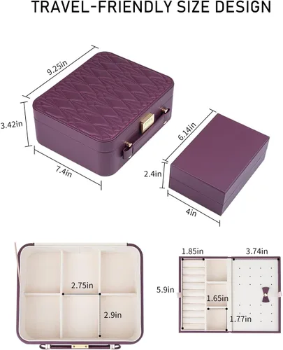 Miniatura 5 de V-LAFUY Joyero con bandeja extraíble, joyero para mujeres y niñas, 2 capas portátil, organizador de joyas, estuche de almacenamiento con estuche