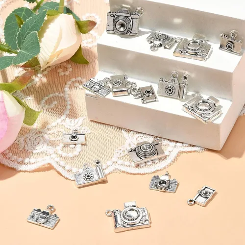 Miniatura 5 de KitBeads 70 piezas de 7 estilos tibetanos para cámara tibetana, dijes de viaje de plata antigua, dijes de fotografía vintage para collares, pulseras