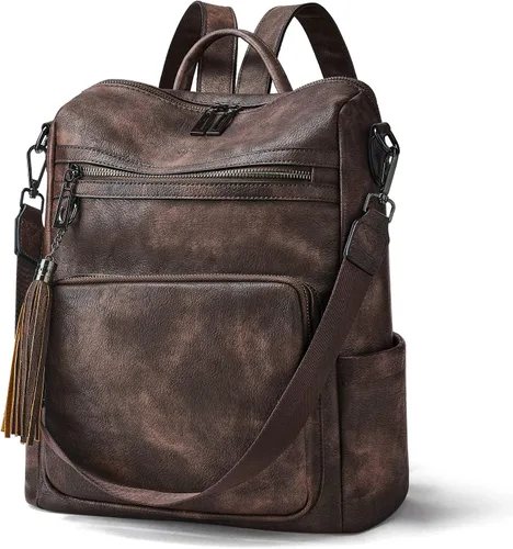 Miniatura 49 de OPAGE - Mochila de cuero para mujer, con borla de moda, bolso de hombro, mochila grande, bolsa de viaje, gris, L