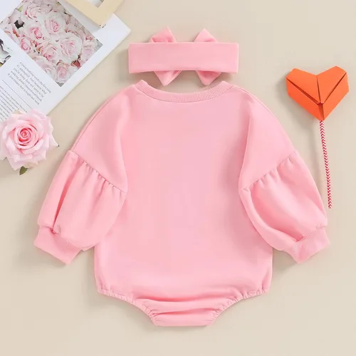 Miniatura 34 de Traje de bebé niña para el primer día de San Valentín, mameluco de burbujas con cuello redondo, sudadera linda para primavera y otoño