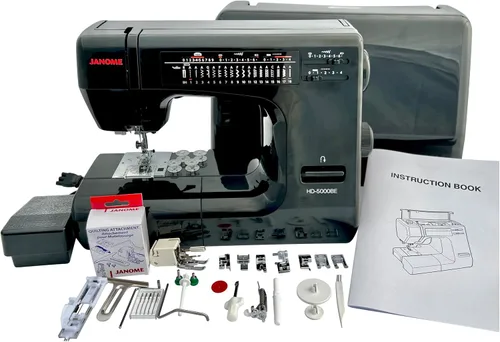 Janome HD-5000 Black Edition Máquina de Coser de Servicio Pesado con Cuerpo de Aluminio, 18 Puntadas, Brazo Libre y Enhebrador de Agujas Incorporado