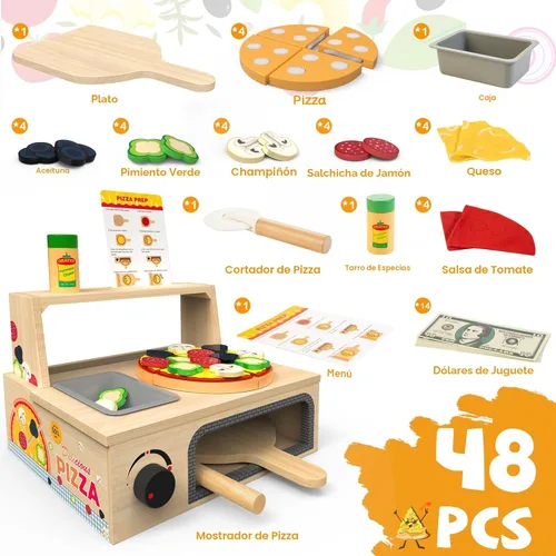 Miniatura 2 de WOODMAM Juguete de pizza de madera – 48 piezas Montessori pretender Play Food para mayores de 3 años, juguete educativo de aprendizaje de madera