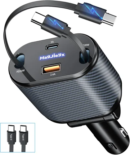 Miniatura 11 de MAGJIEYX Cargador retráctil para automóvil 4 en 1, adaptador de carga rápida MAGJIEYX de 62 W, cables retráctiles tipo C/USB-i y dispositivos USB