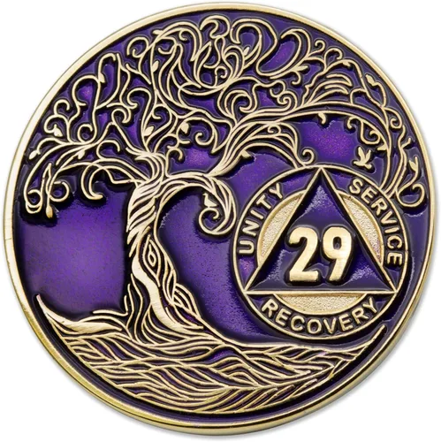Miniatura 54 de 20 Year Sobriety Mint Twisted Tree of Life - Medallón de recuperación AA chapado en oro, fichas y fichas, color negro