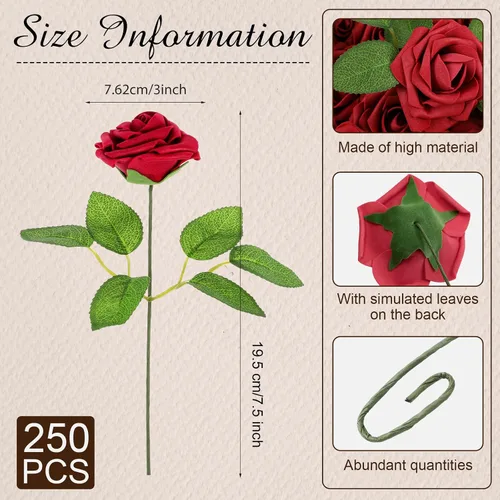 Miniatura 2 de Sherr 250 rosas artificiales a granel, rosas falsas con tallo, centro de mesa de flores sintéticas para boda, decoración del día de la madre, Borgoña