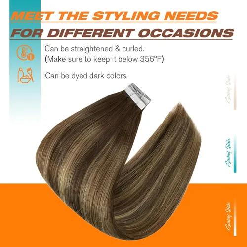Miniatura 4 de Sunny Hair Extensiones de cabello humano real con cinta, 24 pulgadas, 20 unidades de 1.76 oz (50 g), color marrón oscuro degradado a rubio caramelo