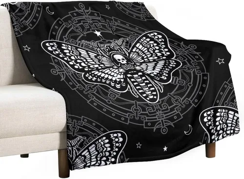 Miniatura 33 de Manta gótica de franela de polilla abstracta, mágica, bohemia, mariposa, esqueleto, luna, estrellas, manta estética para hombres, mujeres, niñas