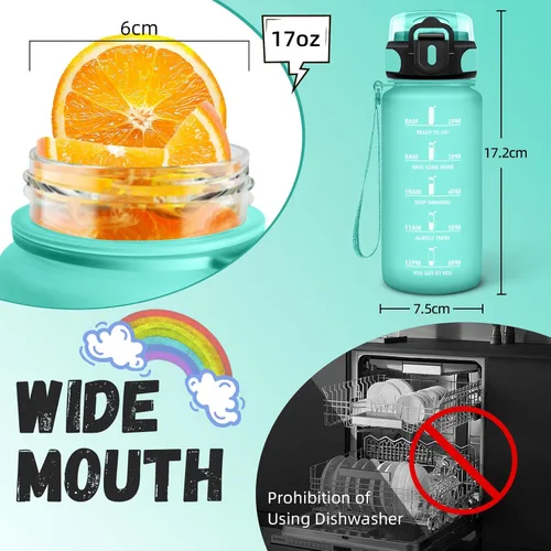 Miniatura 5 de Botella de agua – 16.9 fl oz – Botella de agua para niños, botella de sorbete a prueba de fugas, botella deportiva con marcador de tiempo, botella