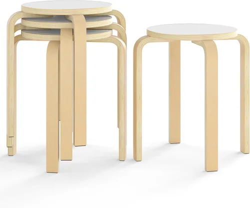 Miniatura 10 de COSTWAY Juego de 4 taburetes apilables de madera curvada, sillas de mostrador sin respaldo de 18 pulgadas de altura con parte superior redonda