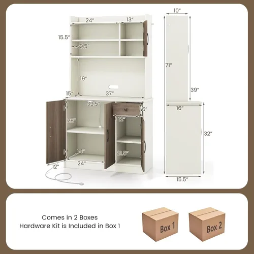 Miniatura 3 de COSTWAY Armario de almacenamiento de despensa de cocina, gabinete alto independiente de 71 pulgadas con estación de carga, soporte para microondas