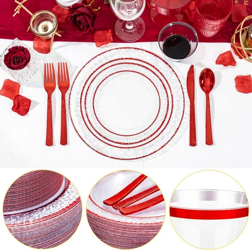 Miniatura 7 de Ciaell 350 platos de plástico transparente y rojo – Juego de vajilla roja del 4 de julio para 50 invitados incluye 100 platos de plástico, 50 Claro