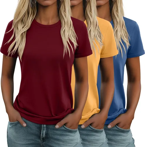 Miniatura 24 de Huukeay Paquete de 3 camisetas de algodón para mujer, estilo casual, de manga corta, cuello redondo, ajuste holgado, básica, lisa
