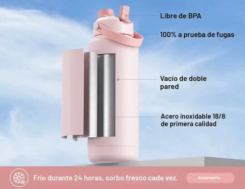 Miniatura 2 de POWCAN - Botella de agua térmica 2 en 1, sorbete y tapa con boquilla, antifugas, acero inoxidable sin BPA, portavasos automóvil, bebida fría 24 h