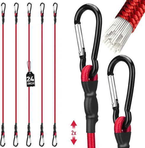Miniatura 11 de 5 cuerdas elásticas de 24 pulgadas con ganchos de mosquetón, correas elásticas de goma resistentes, cuerda elástica con clips de mosquetón