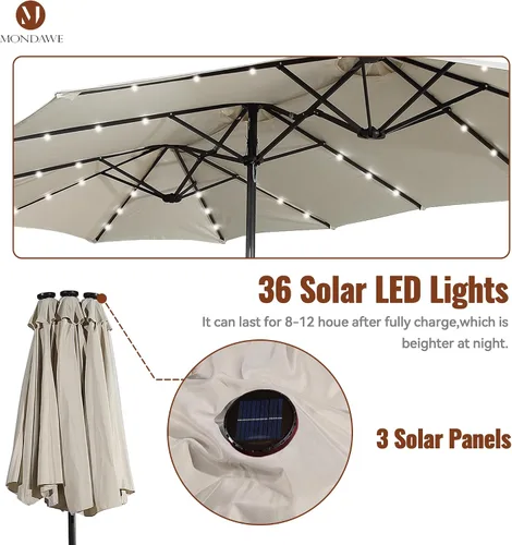 Miniatura 4 de MONDAWE Paraguas de patio de 15 pies con luces solares (base incluida) sombrilla grande de doble cara de aluminio rectangular de aluminio para mesa