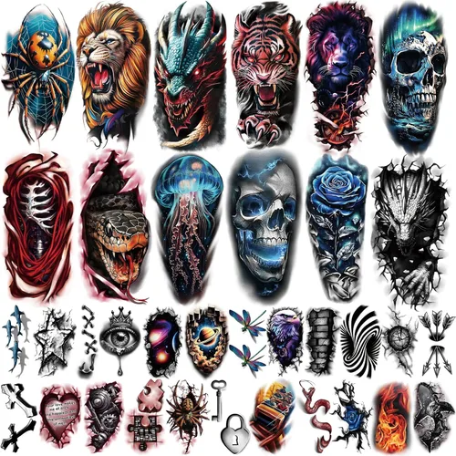 77 hojas de tatuajes temporales 3D para hombres y mujeres, diseño de león, tigre, dragón, araña, escorpión, serpiente, medusa, rosa, para cuello y
