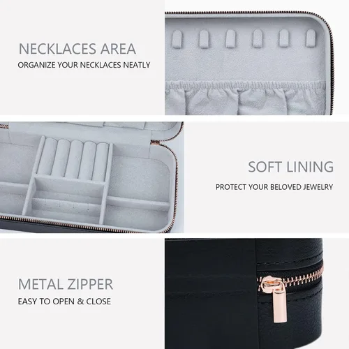 Miniatura 2 de Organizador de joyas de viaje, joyero portátil para mujer, organizador de viaje para anillos, aretes, collares, pulseras, relojes, negro, C