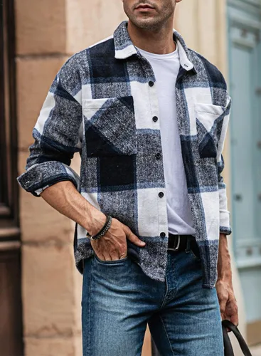 Miniatura 4 de JMIERR Camisas de franela para hombre, estilo casual, con botones, manga larga, a cuadros, chaquetas ligeras con bolsillos