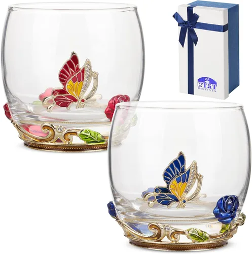 BTAT - Juego de 2 copas de vino sin tallo, 10 onzas, rojo/azul, diseño de mariposa y flor con caja de regalo, copas de vino florales